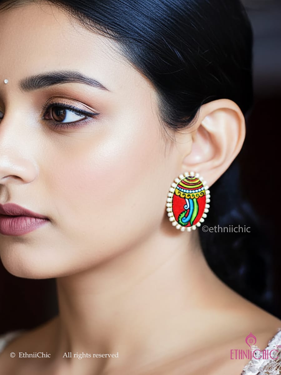 Kerala Mural Hand-painted studs - Floral (Red)