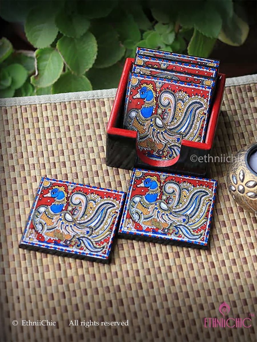 Wooden Tea Coasters - Kalamkari Peacock Maroon