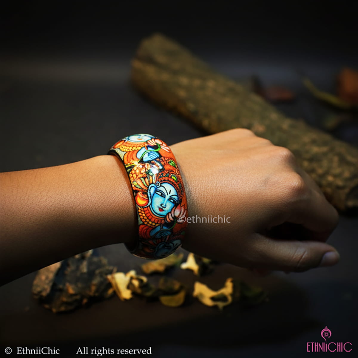 Kerala Mural Orange Hand crafted Wooden Bangle