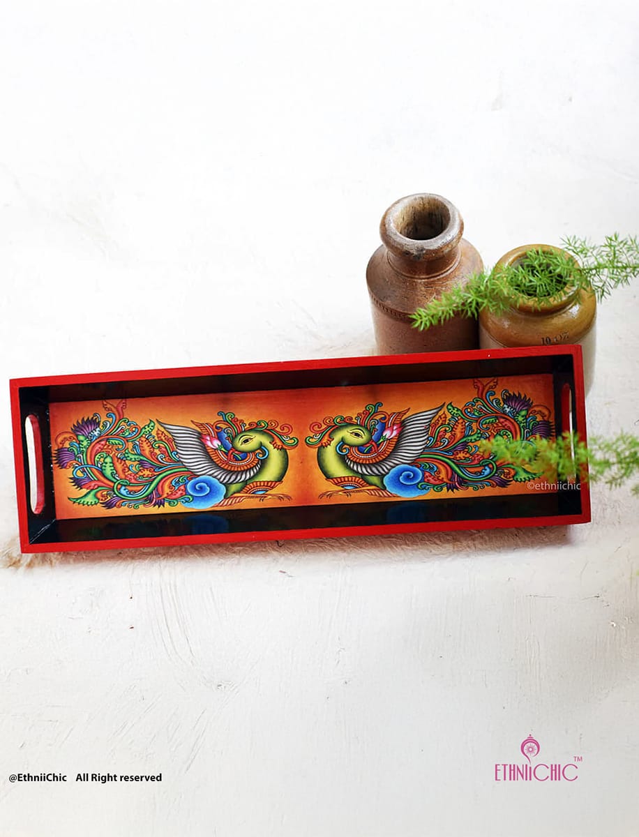 Narrow Tray - Kerala Mural Peacock (Black &Red)