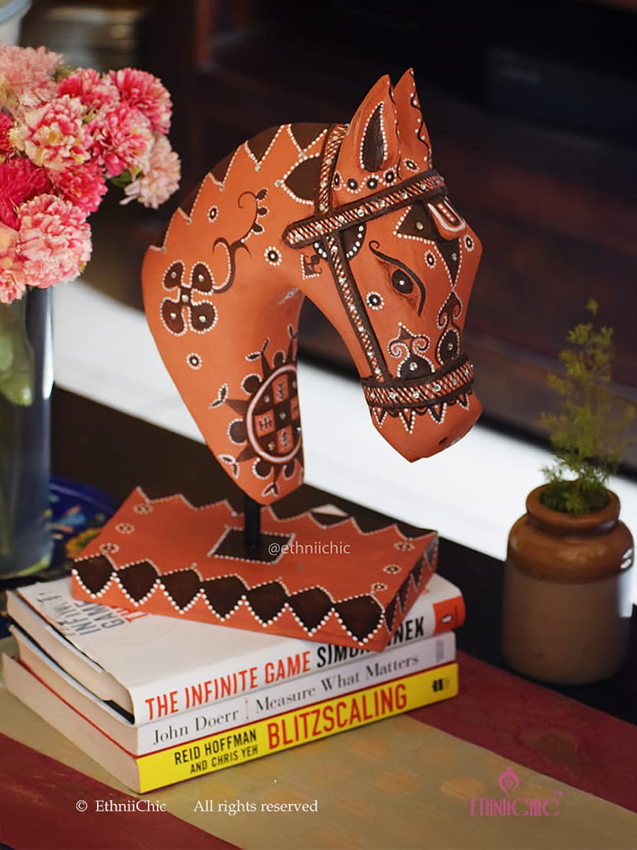 Hand Painted Wooden Horse Head on stand - Khavda