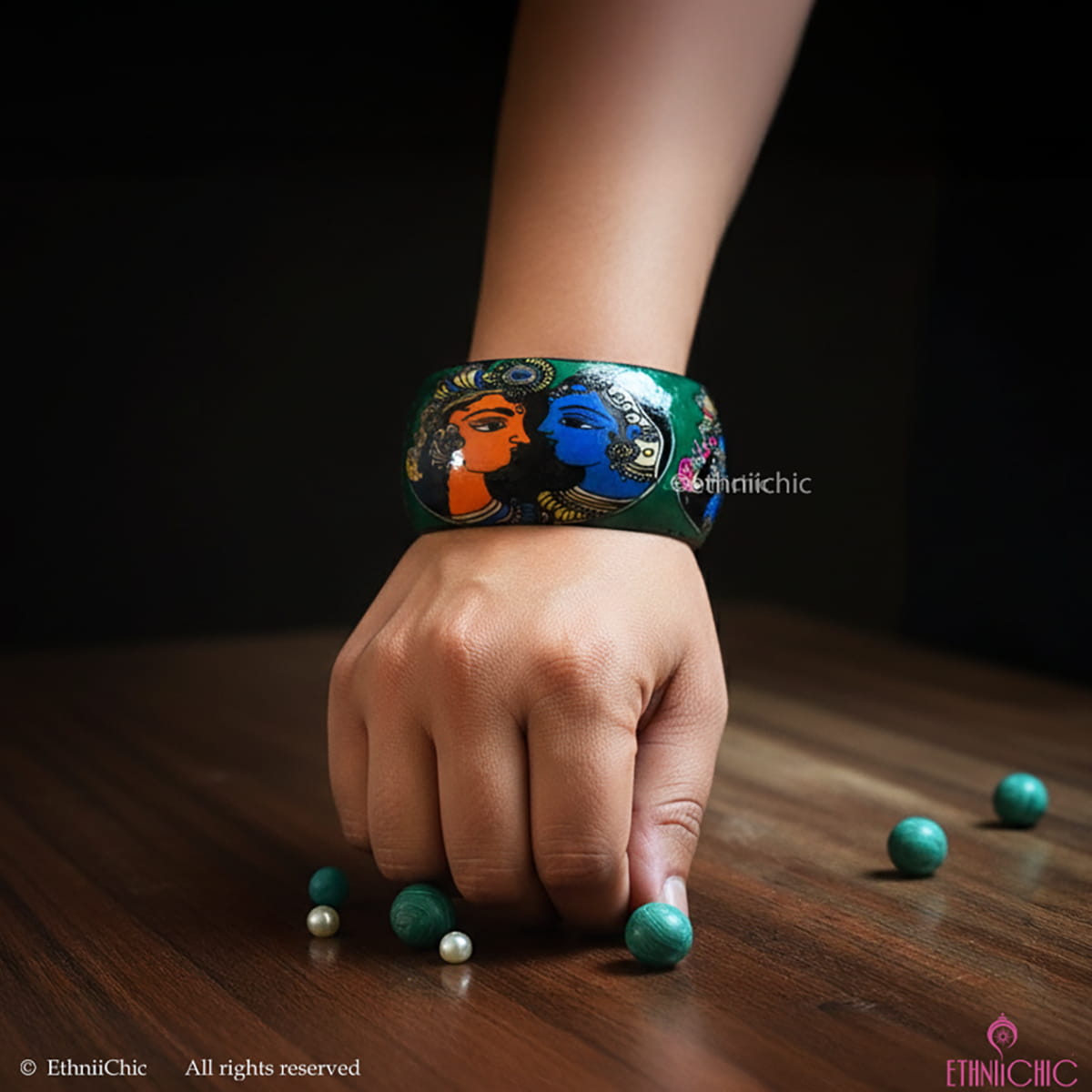 Krishna Radha Hand crafted Wooden Broad Bangle