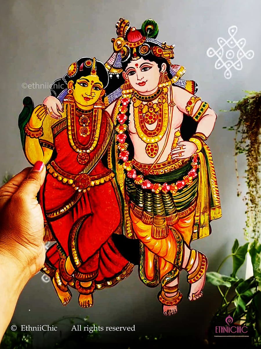 Rukmani Krishna Tanjore Hand painted Wooden Cut Out