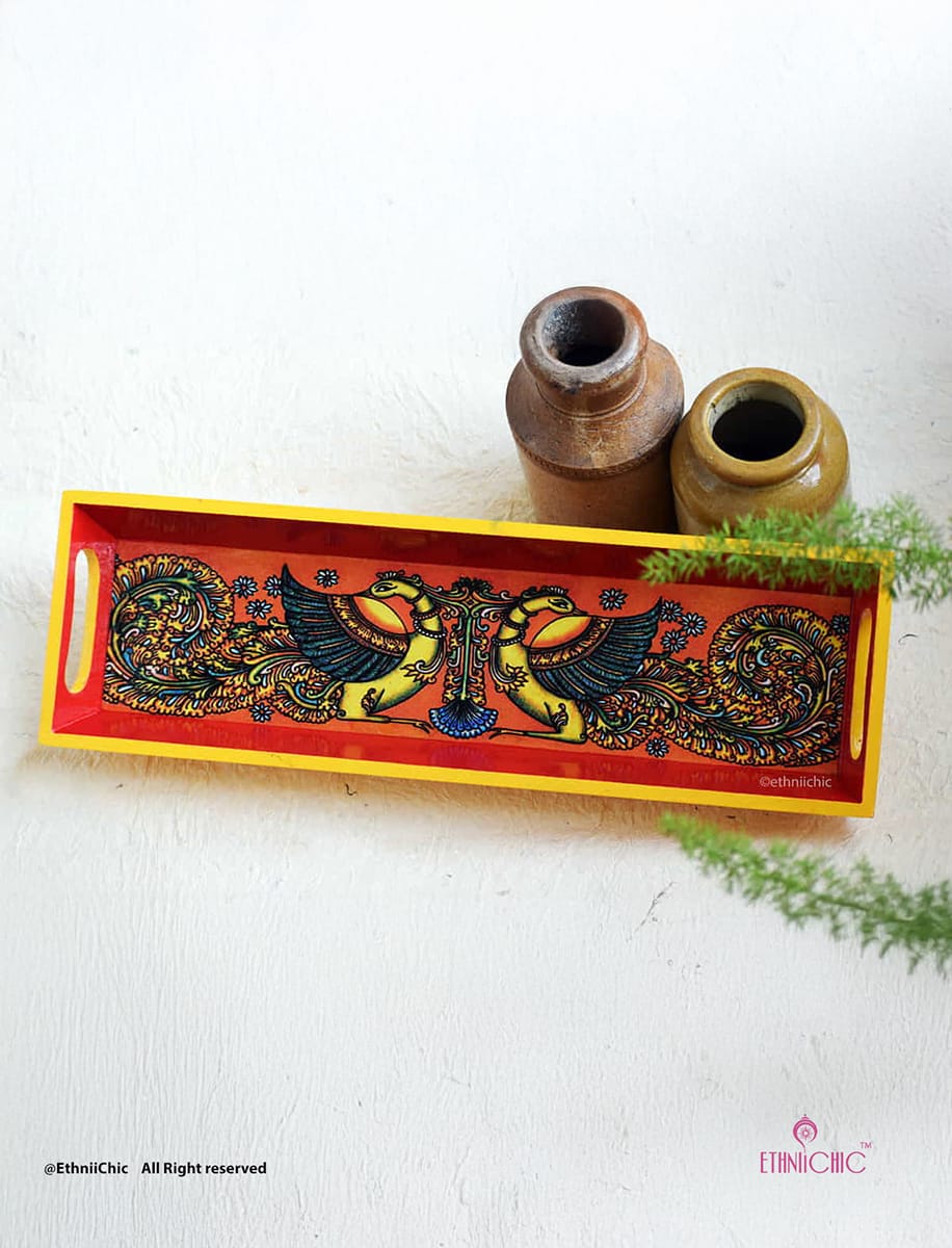 Narrow Tray - Kerala Mural Peacock (Orange & Yellow)