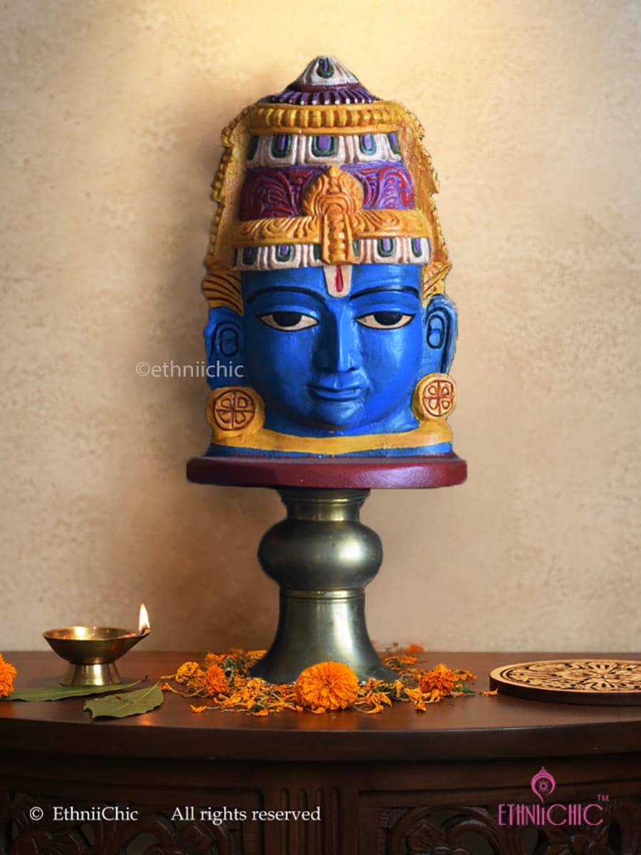 Wooden Hand Painted Blue Ram Head - 12"
