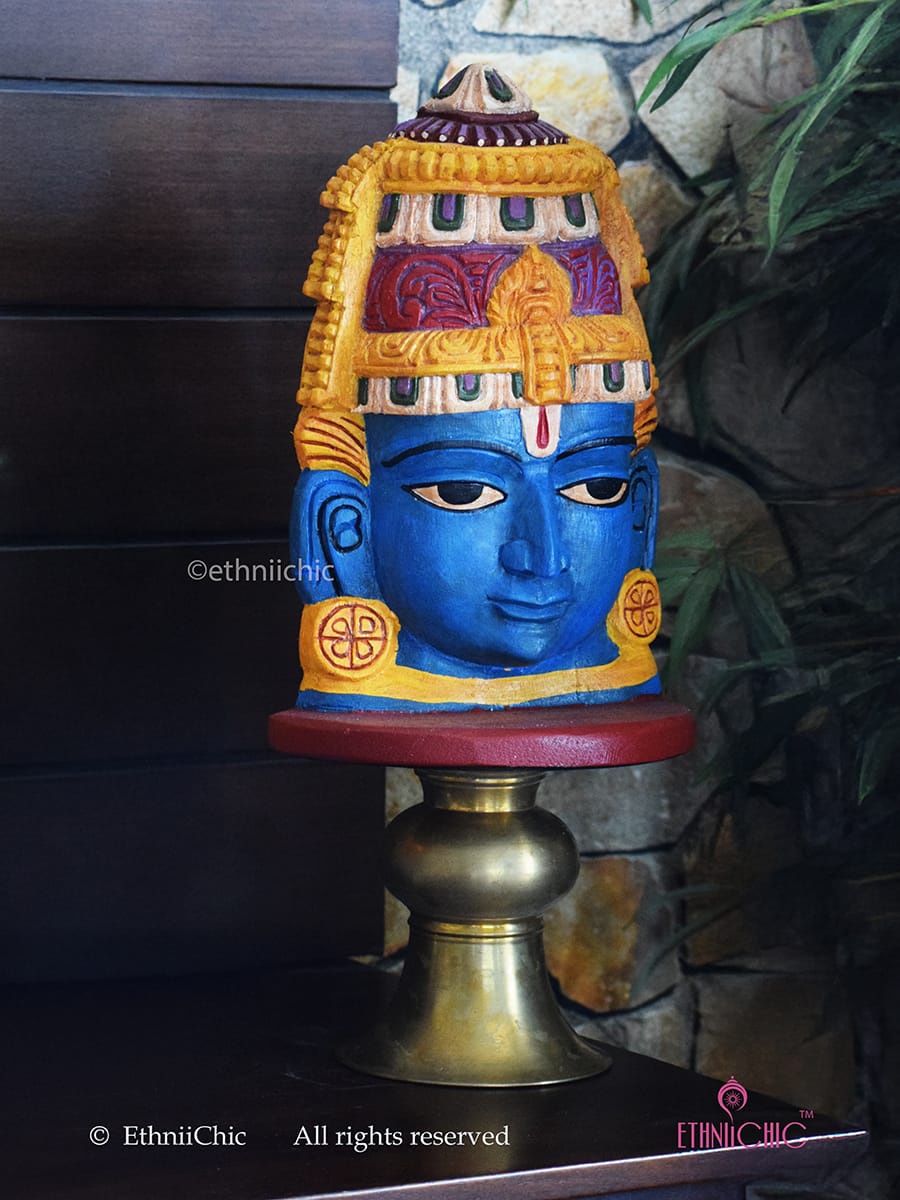 Wooden Hand Painted Blue Ram Head - 12"