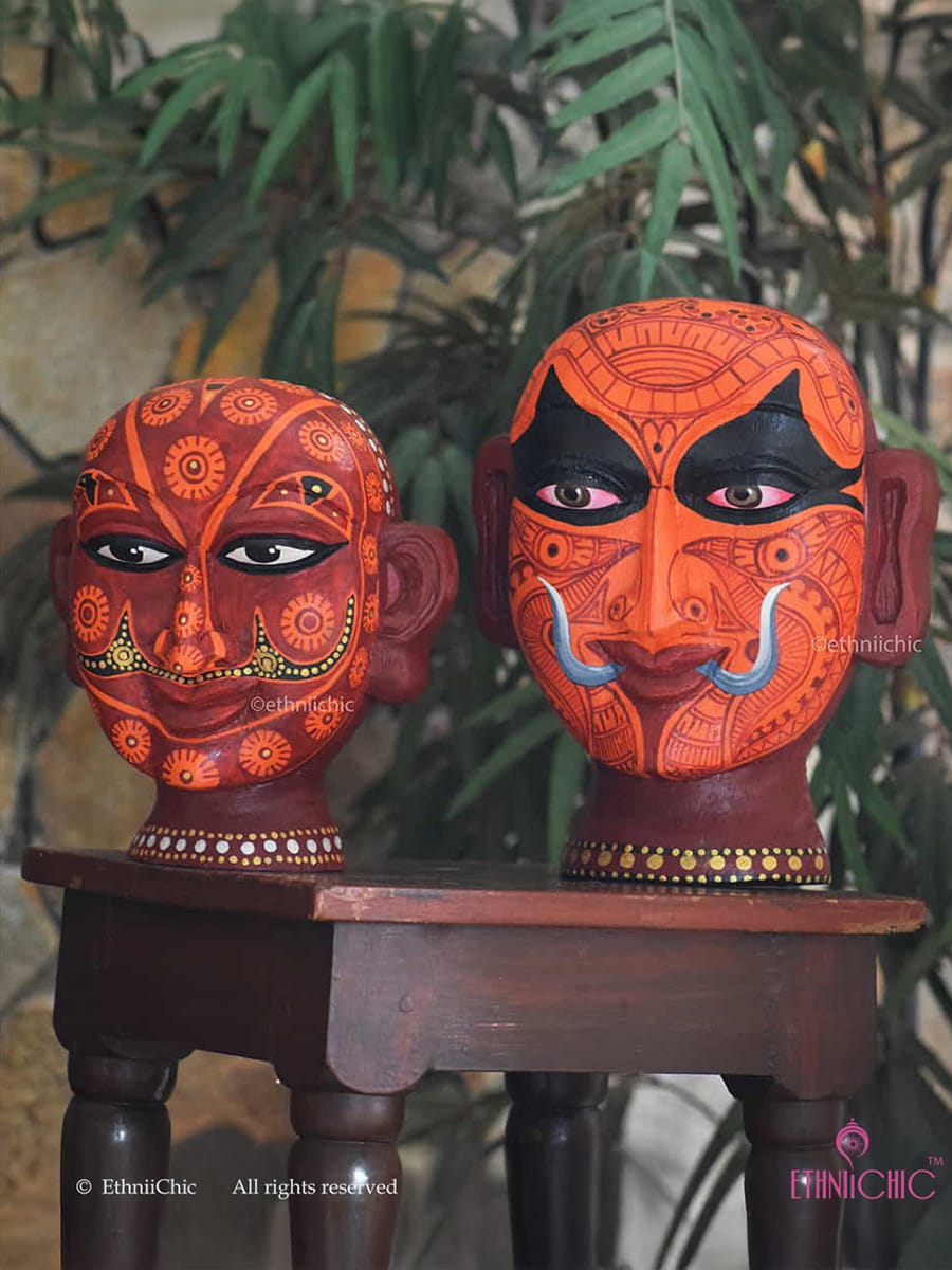 Handpainted Wooden Theyyam Heads Set -10" & 8"