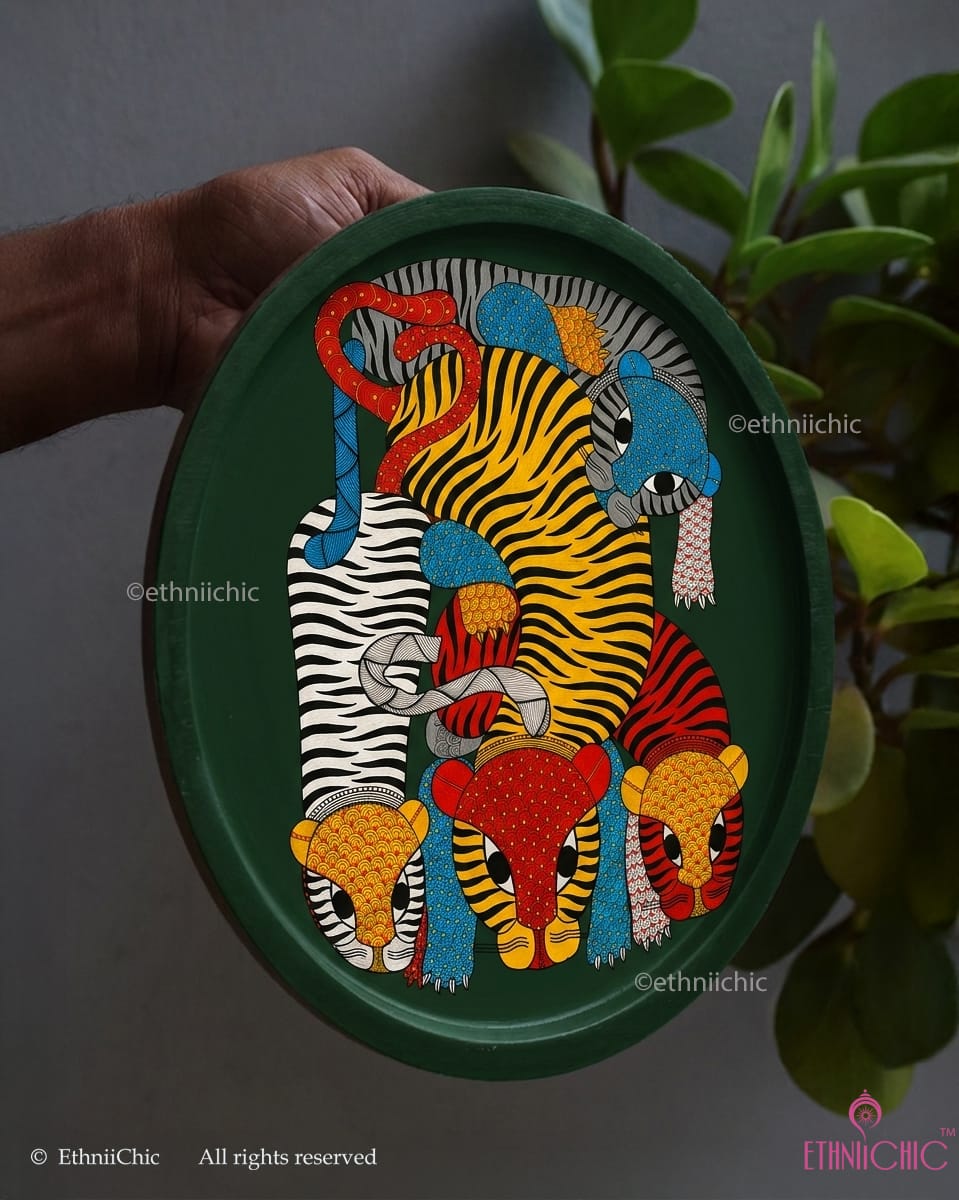 Bagh Parivar – Hand Painted Gond Wooden Wall Plate