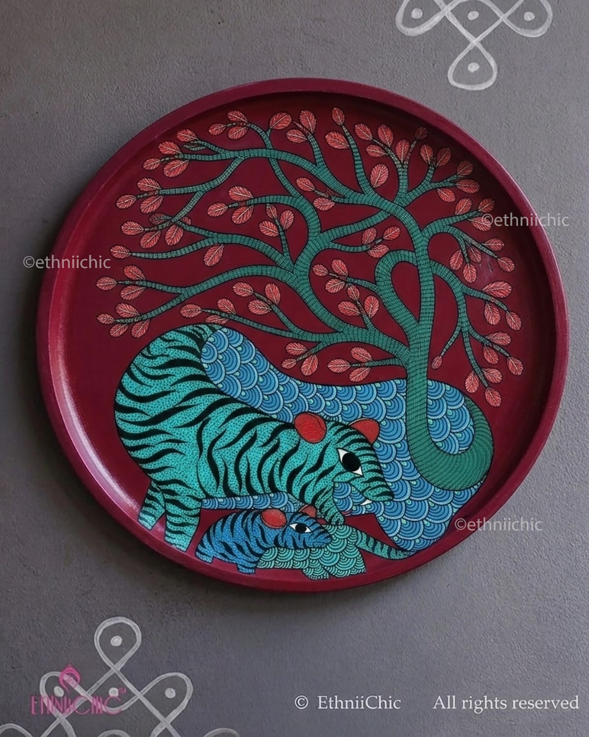 Bagh aur Bachcha – Hand Painted Gond Wooden Wall Plate