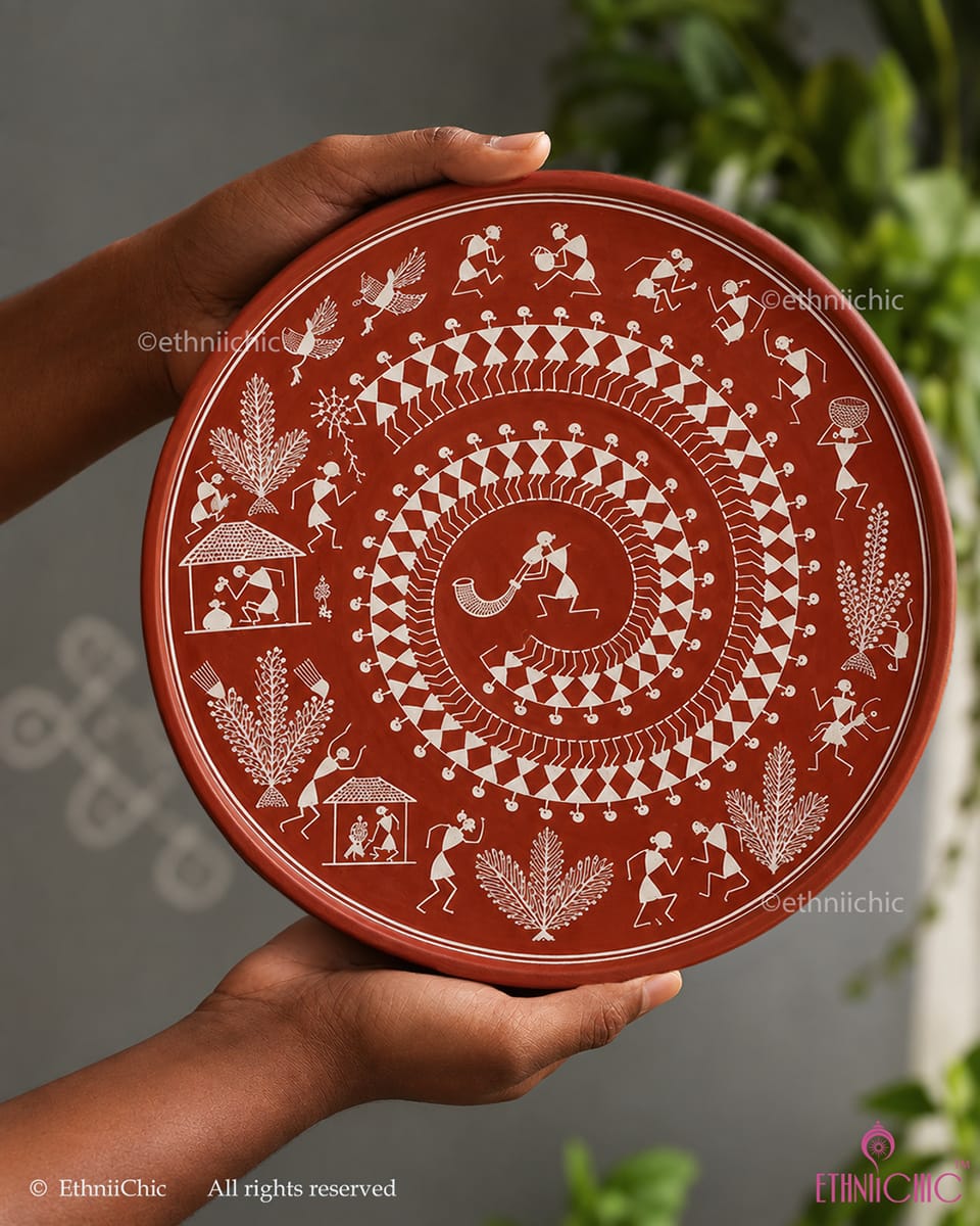 Tarpa Nrutya – Hand-Painted Warli Wooden Wall Plate