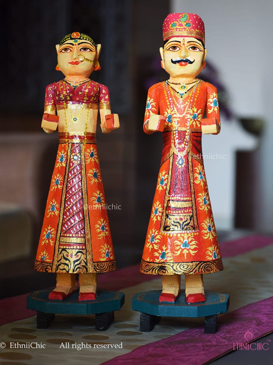 Wooden Gangaur Dolls 12"- Orange & Pink