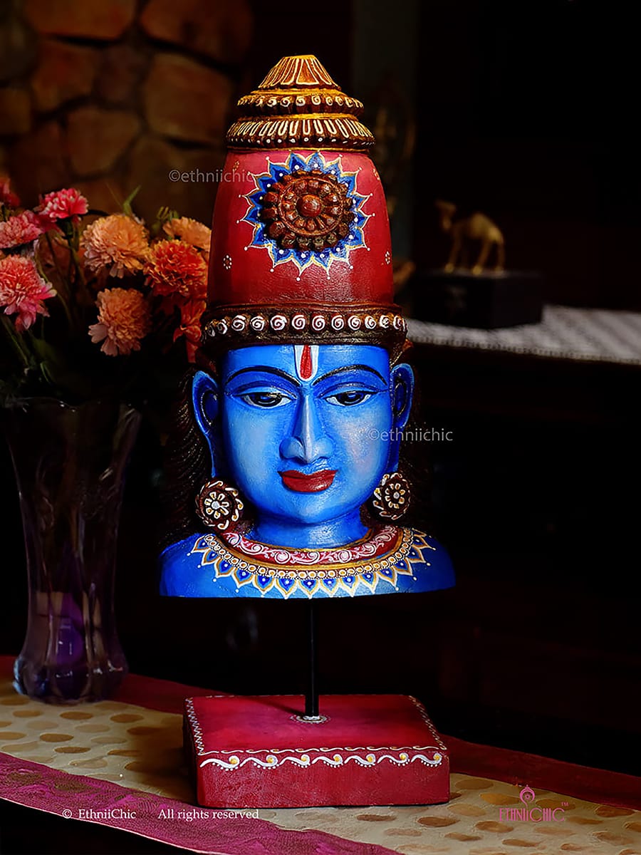 Wooden Hand Painted Blue Vishnu Head on stand - 20"