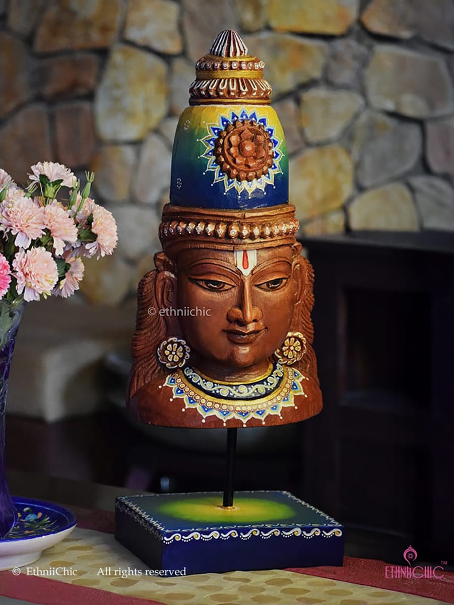 Wooden Hand Painted Vishnu Head on stand - 20"