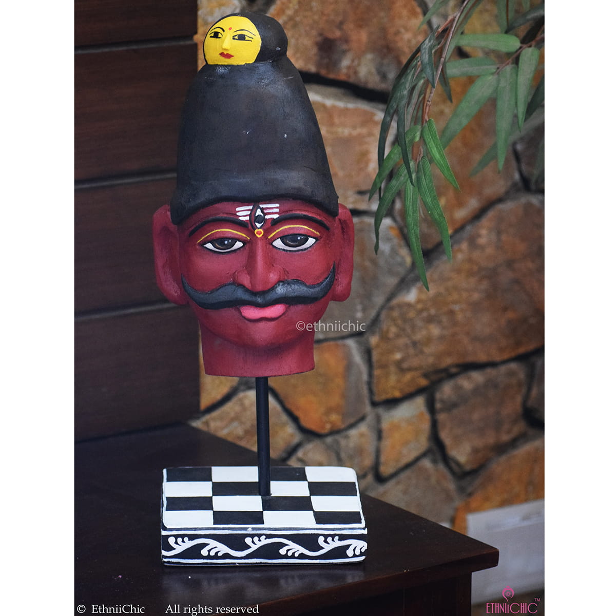 Wooden Hand Painted Shiva Head on stand - 14" image 1