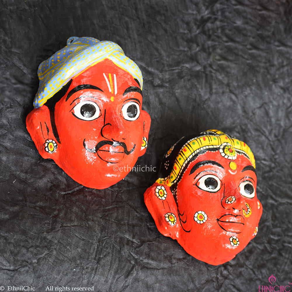 Handmade Red Cheriyal Mask - Wall Decor image 1