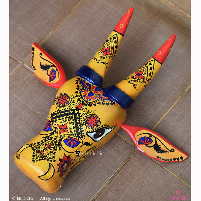 15" Handpainted Wooden Cow Head in yellow ochre image 1