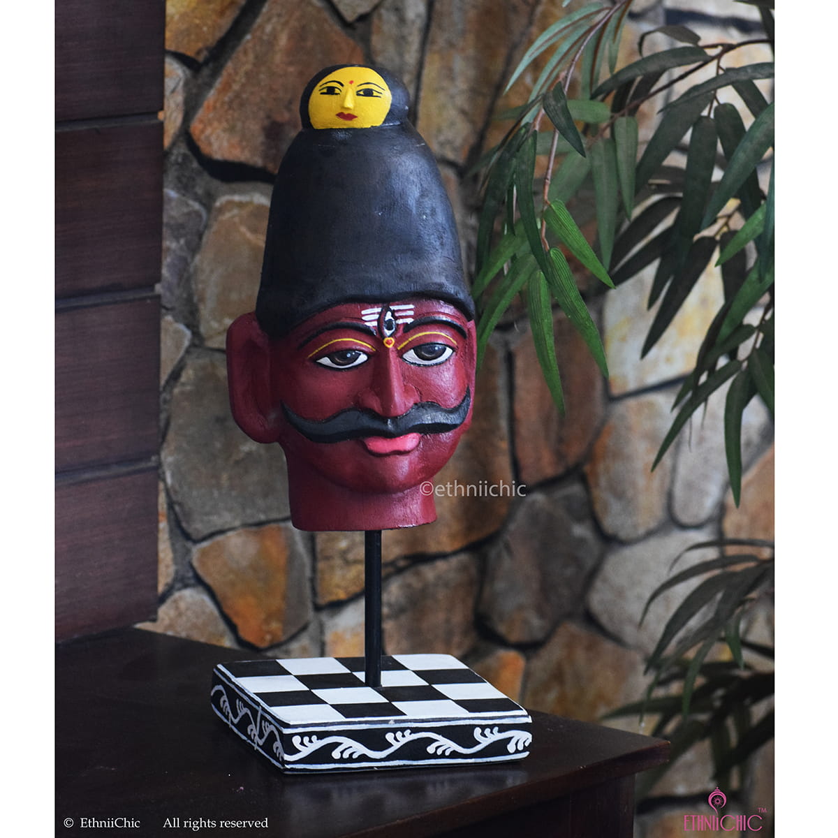 Wooden Hand Painted Shiva Head on stand - 14" image 2