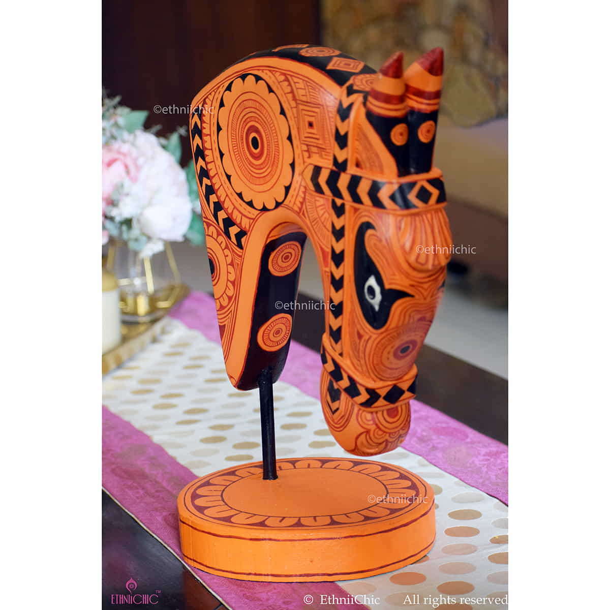 Hand Painted Wooden Horse Head on stand - Theyyam Design image 3