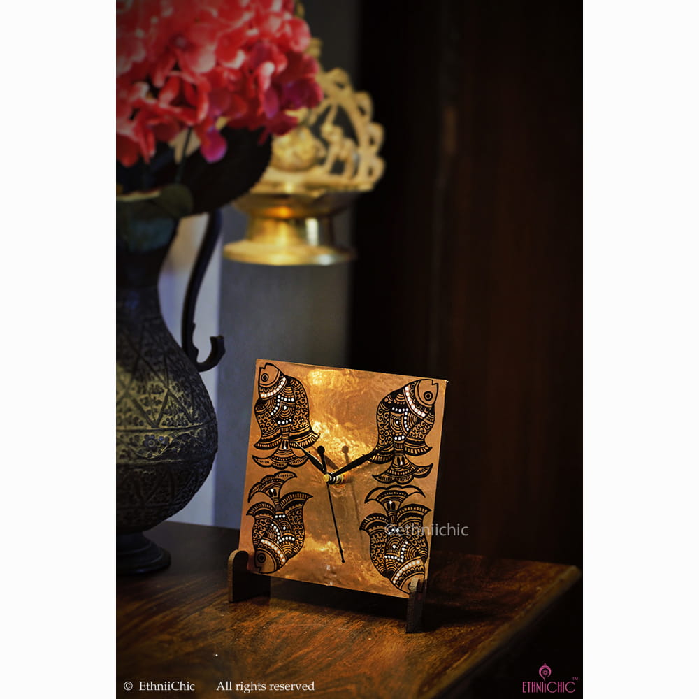 Hand painted Madhubani Fish Table Clock image 0