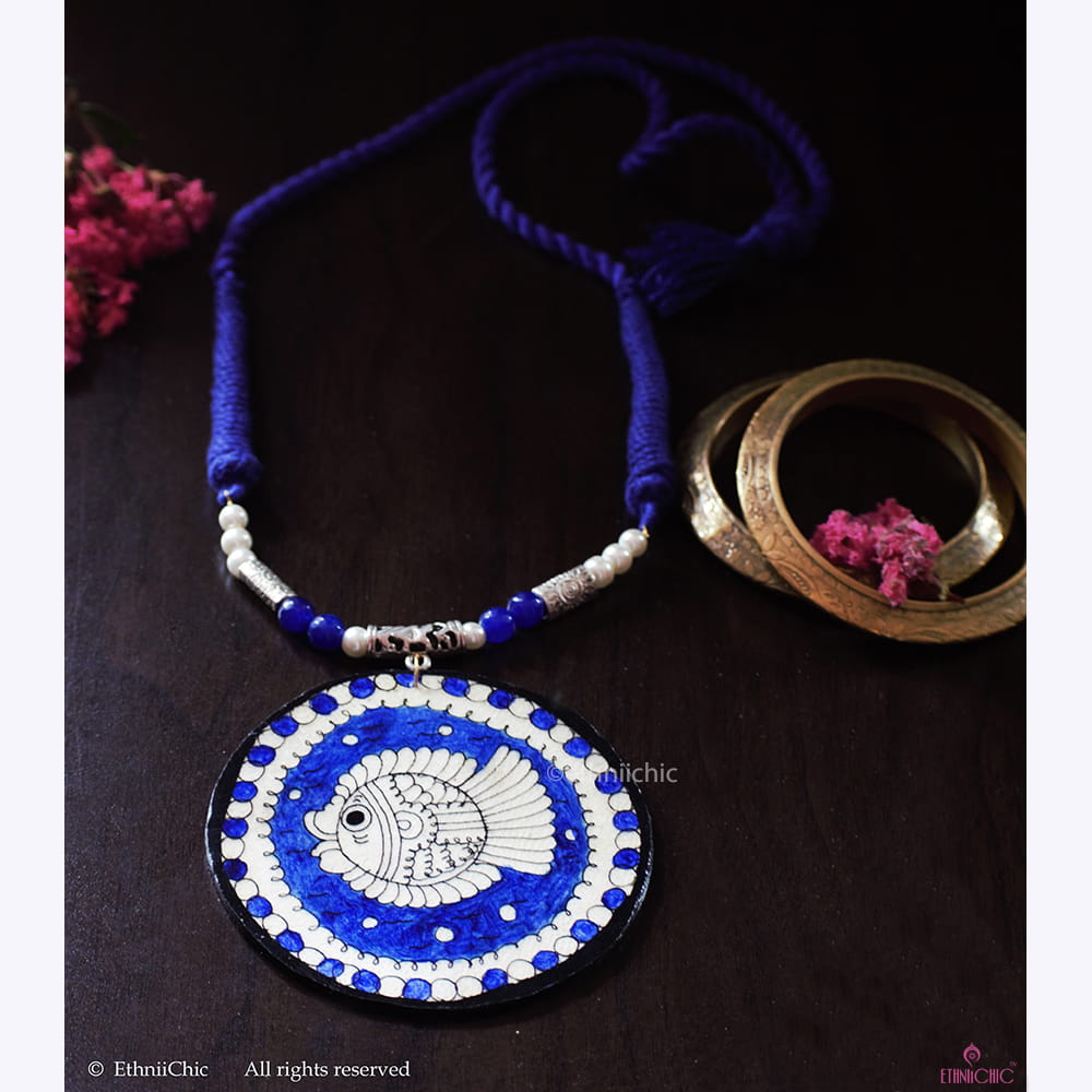Hand painted  Machli Neck piece Blue image 1