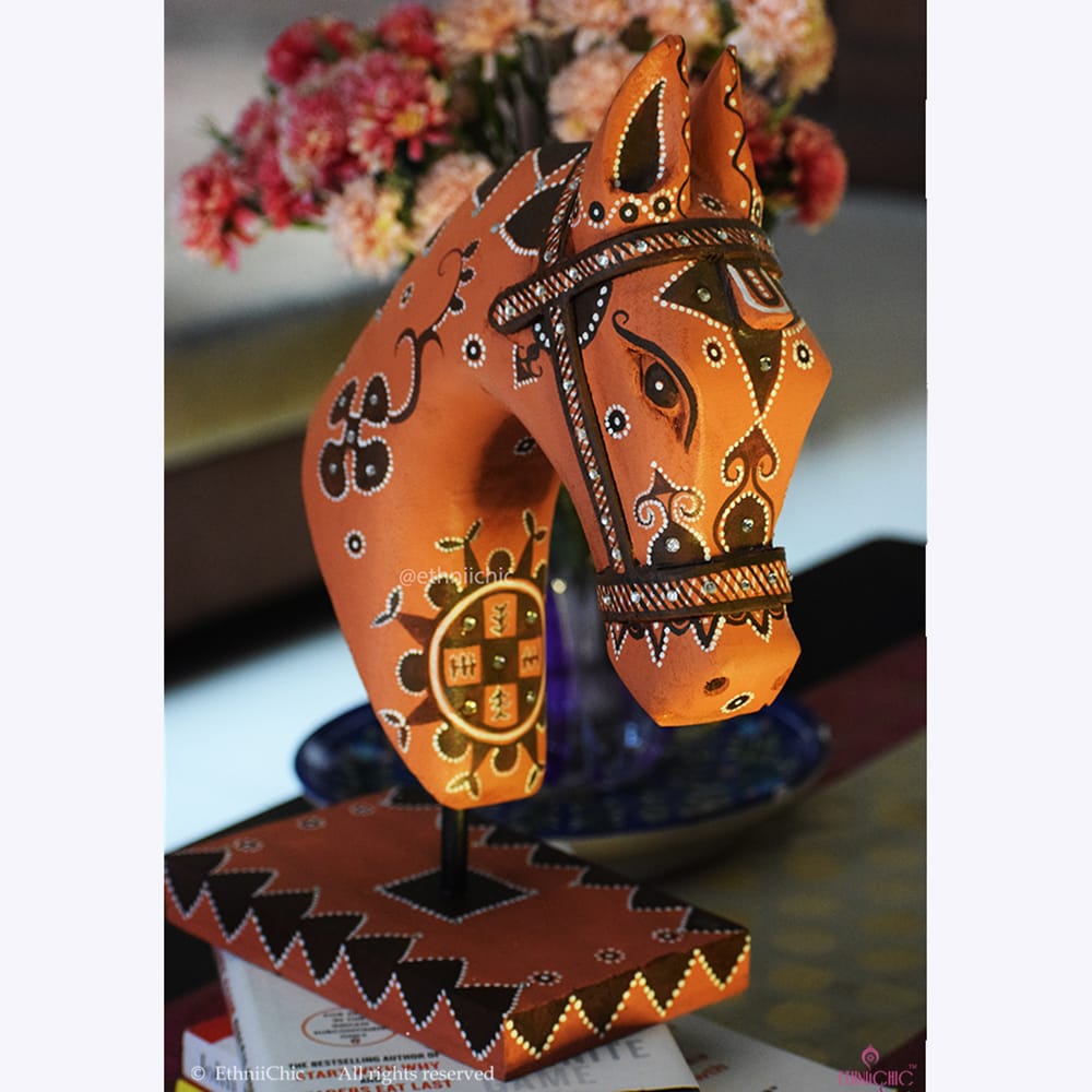 Hand Painted Wooden Horse Head on stand - Khavda image 4