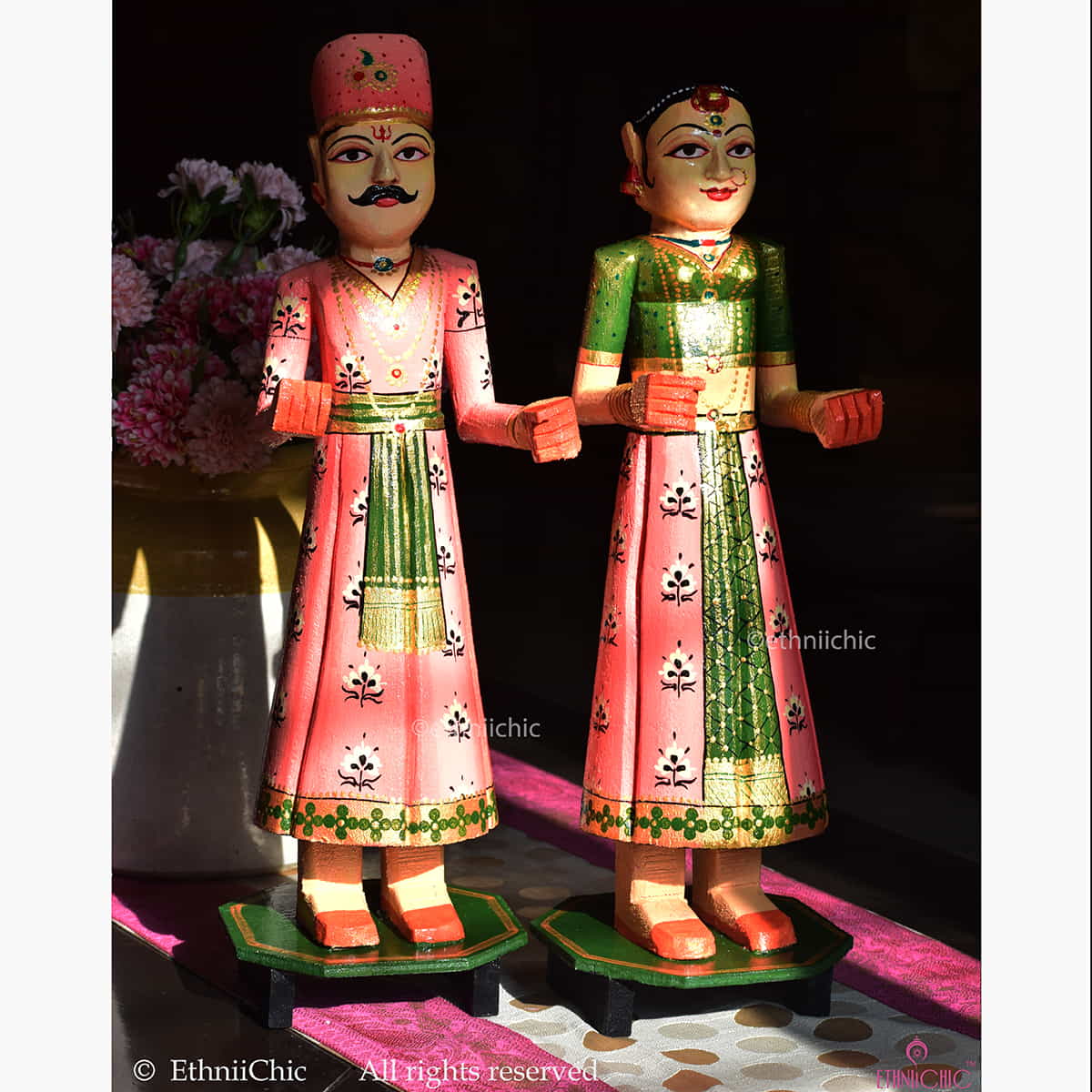 Wooden Gangaur Dolls 18"- Peach & Olive Green image 3