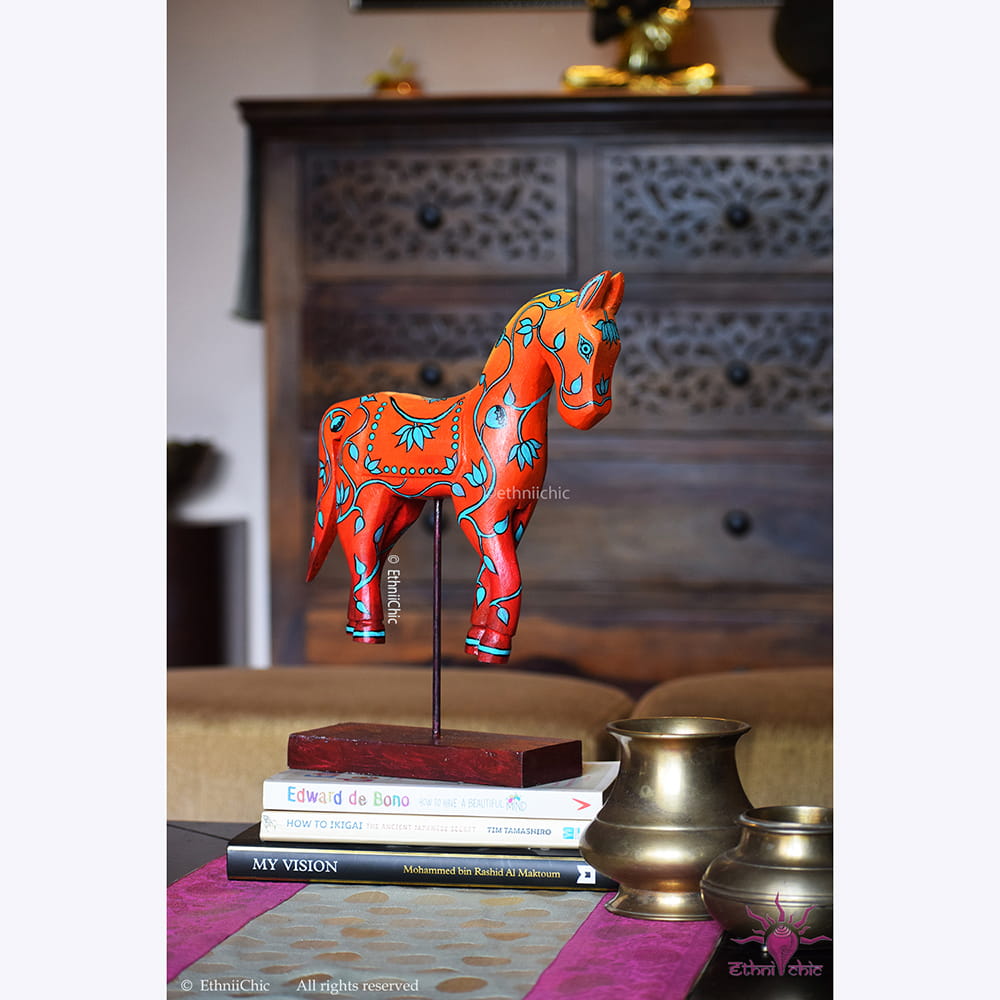 Hand Painted Wooden Horse on stand - Orange image 0