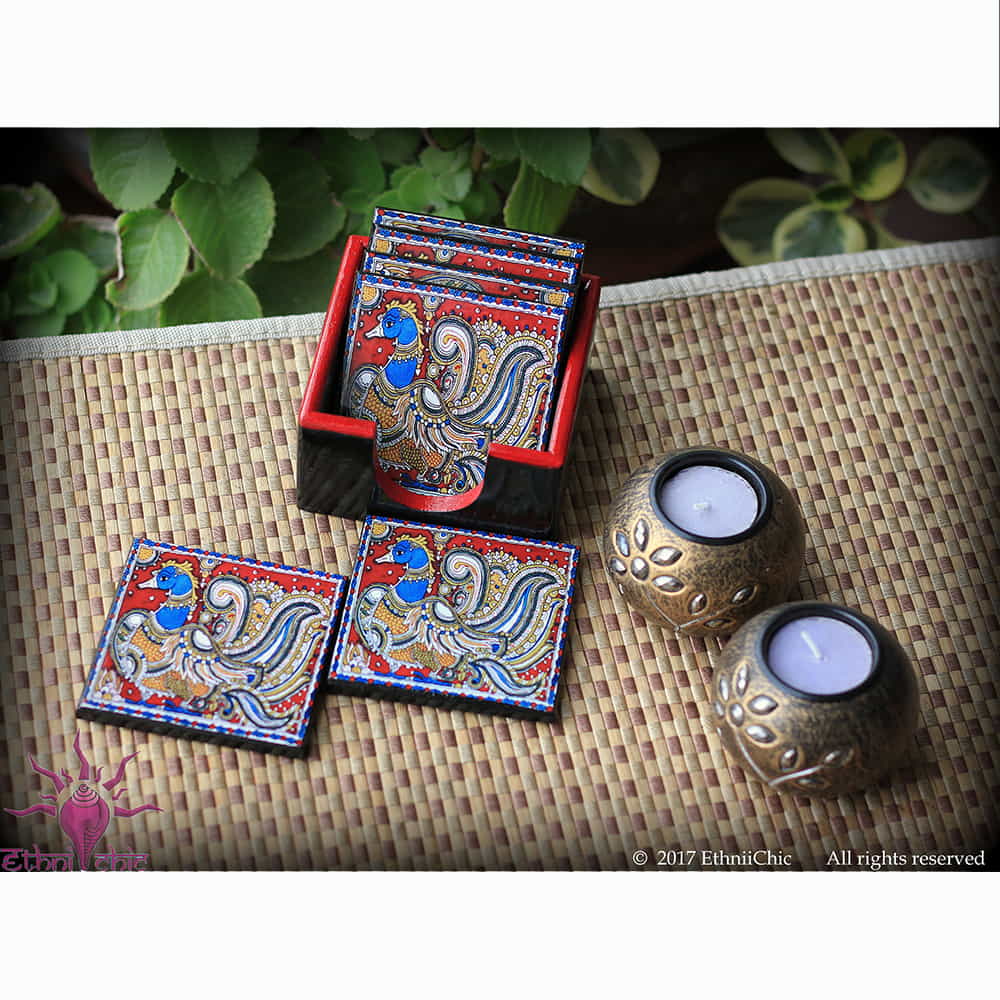 Wooden Tea Coasters - Kalamkari Peacock Maroon image 0