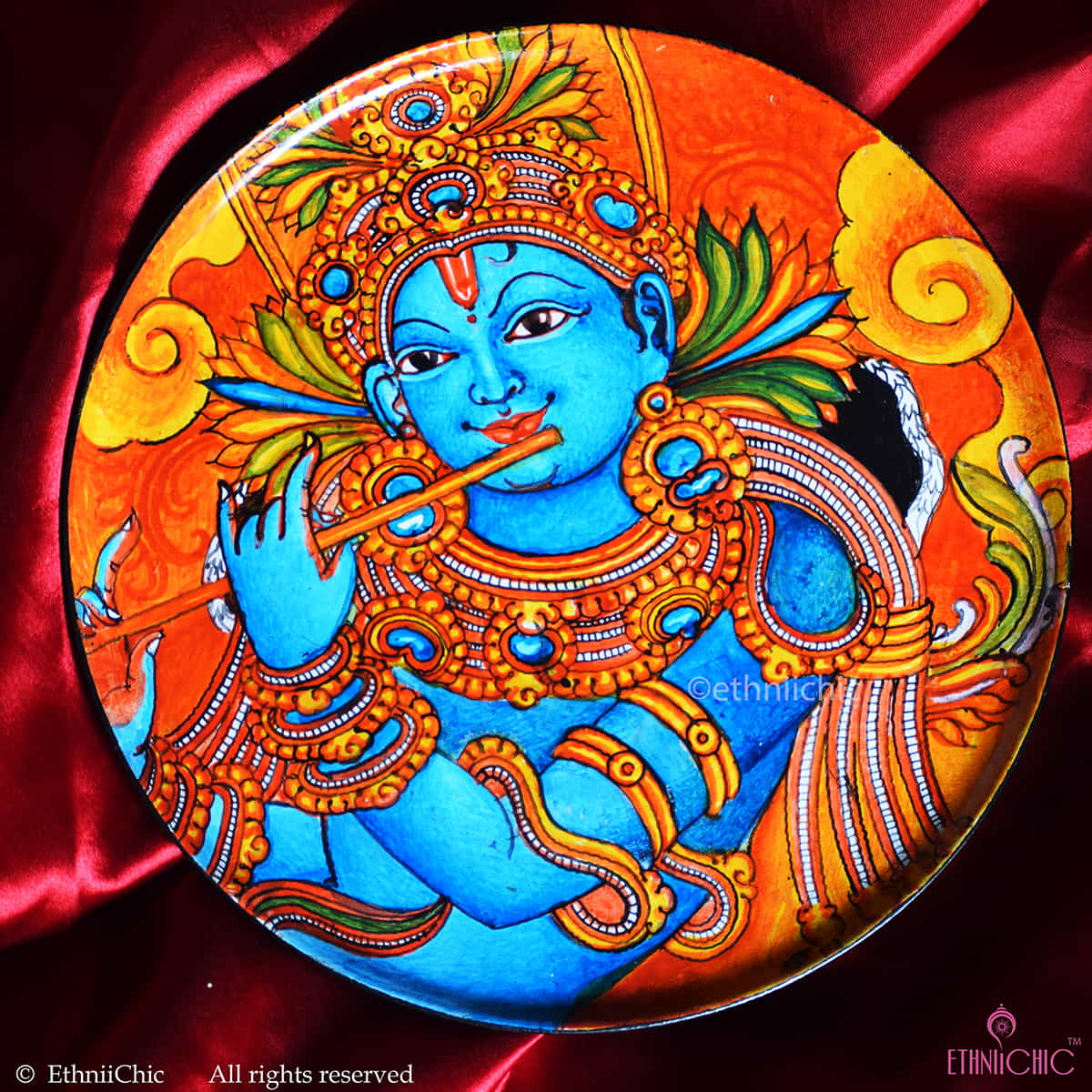 Handpainted Wooden Krishna Kerala Mural Wall Plate - 10" image 0