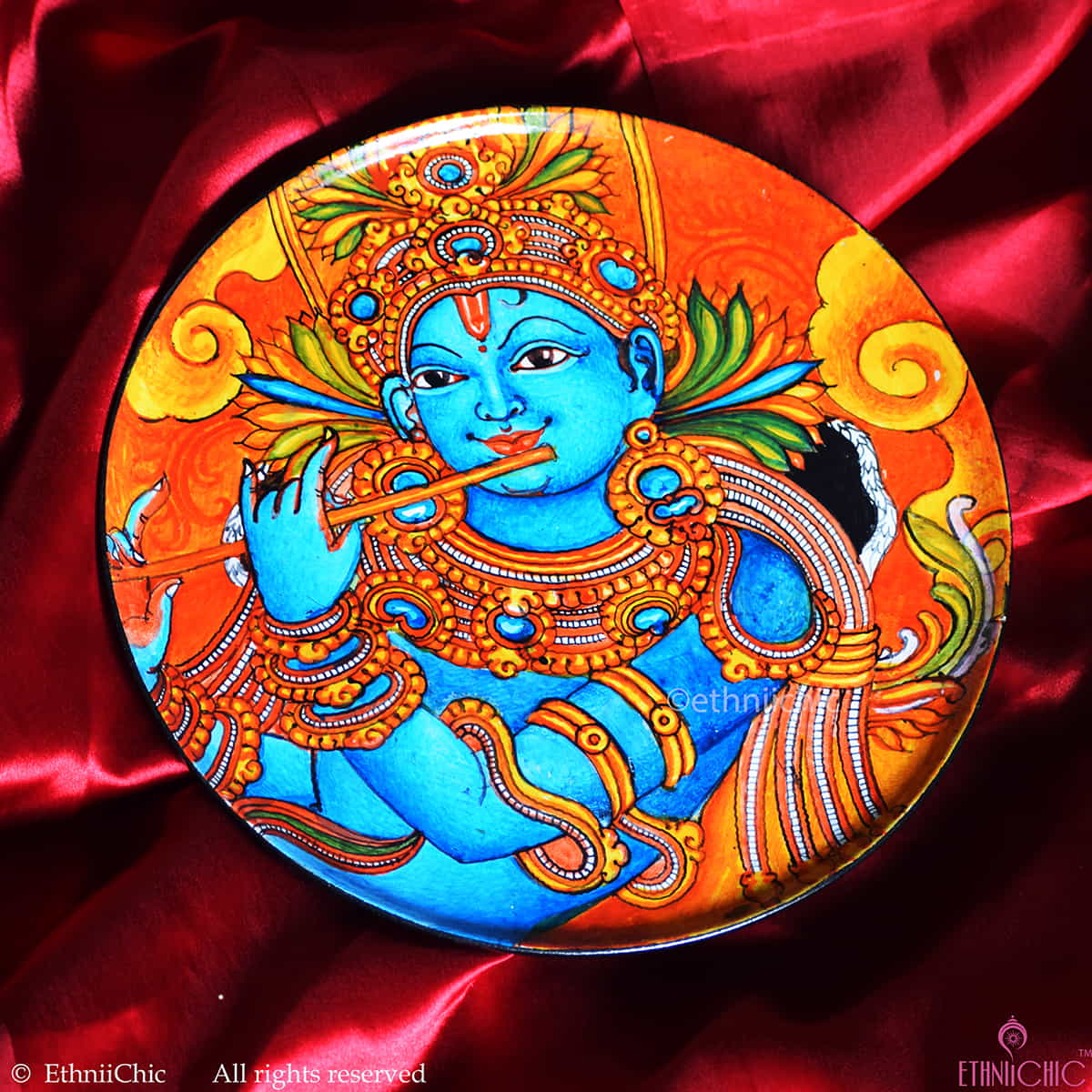 Handpainted Wooden Krishna Kerala Mural Wall Plate - 10" image 1
