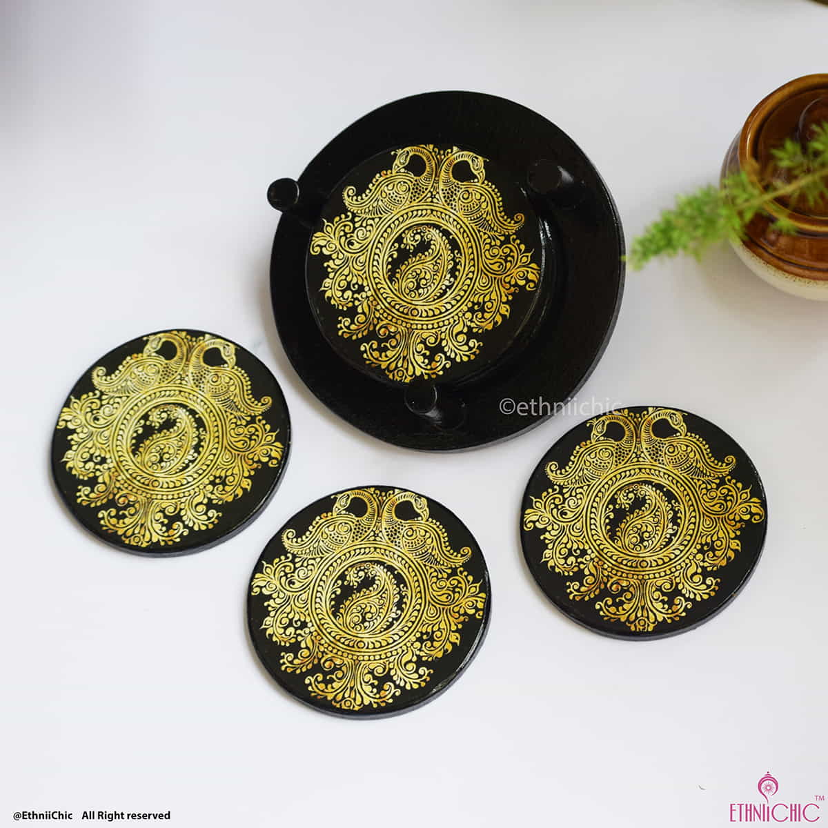 Wooden Tea Coasters - Round - Golden Peacock image 0