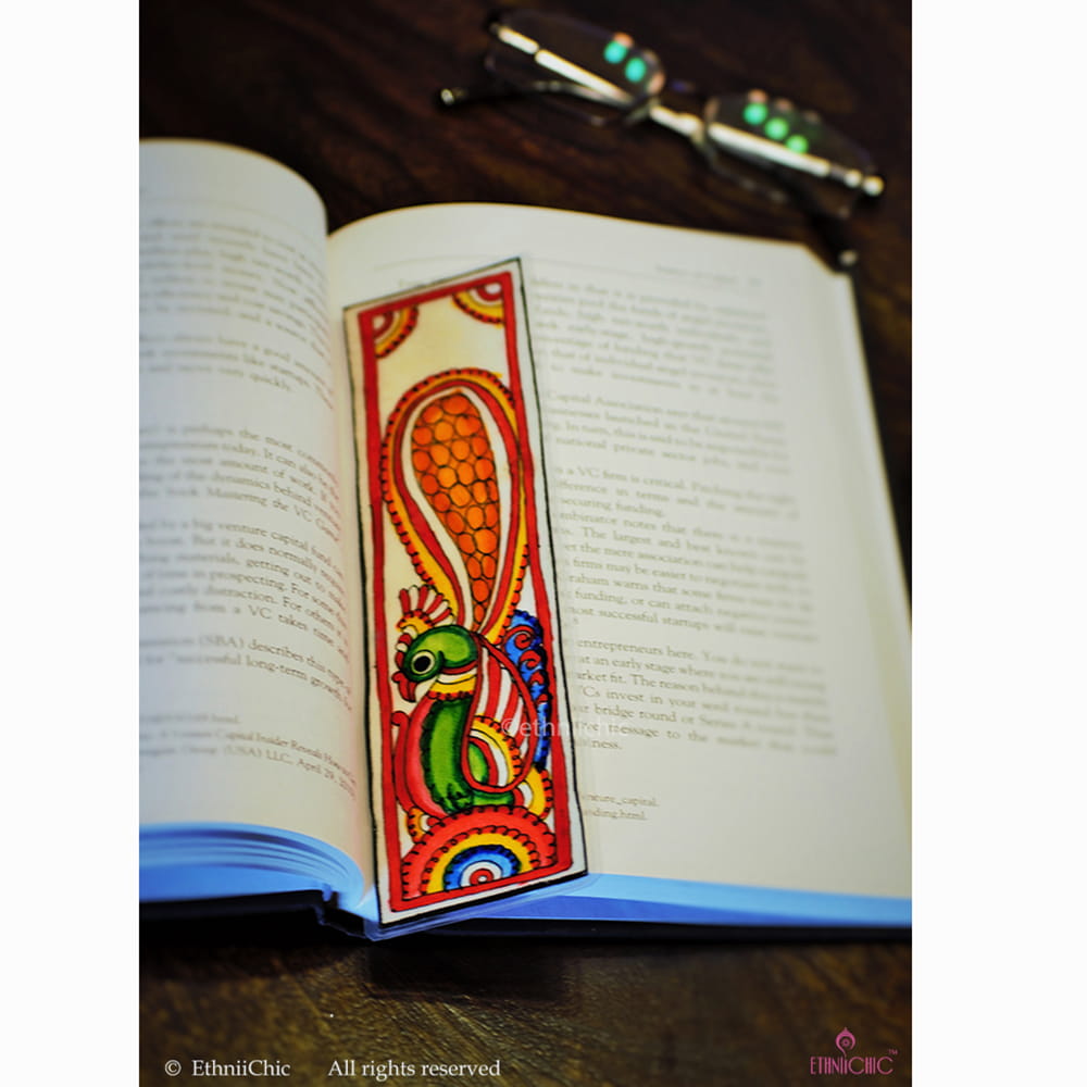 Hand painted Tholu Bommalatha Green Peacock Book mark image 0