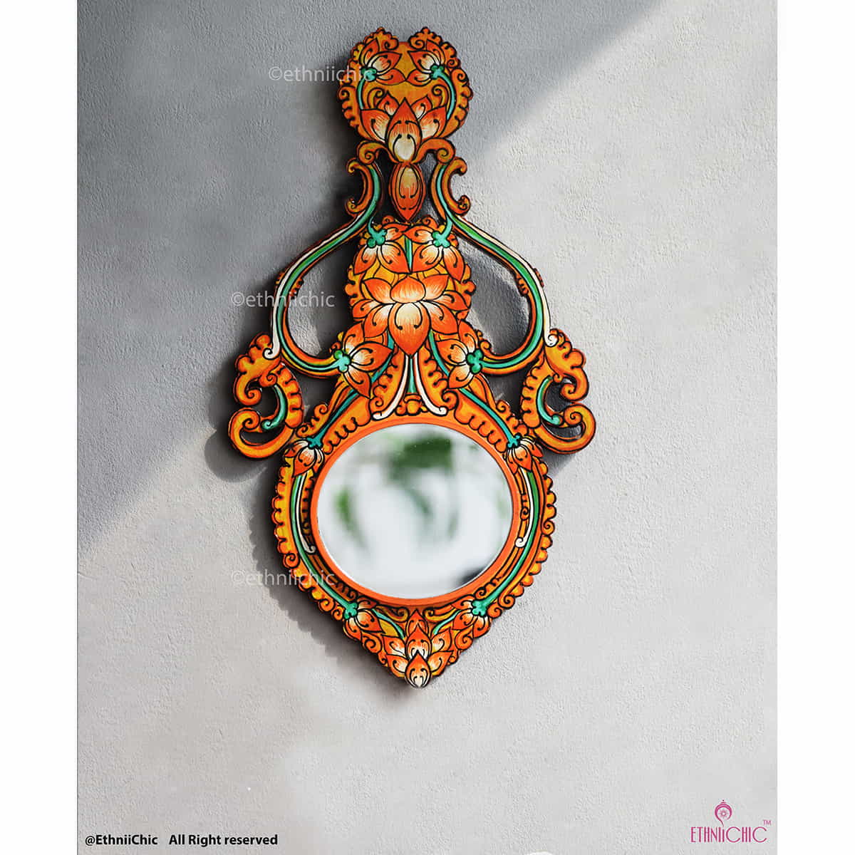 Wooden Hand Painted Kerala Mural Hand Mirror image 1