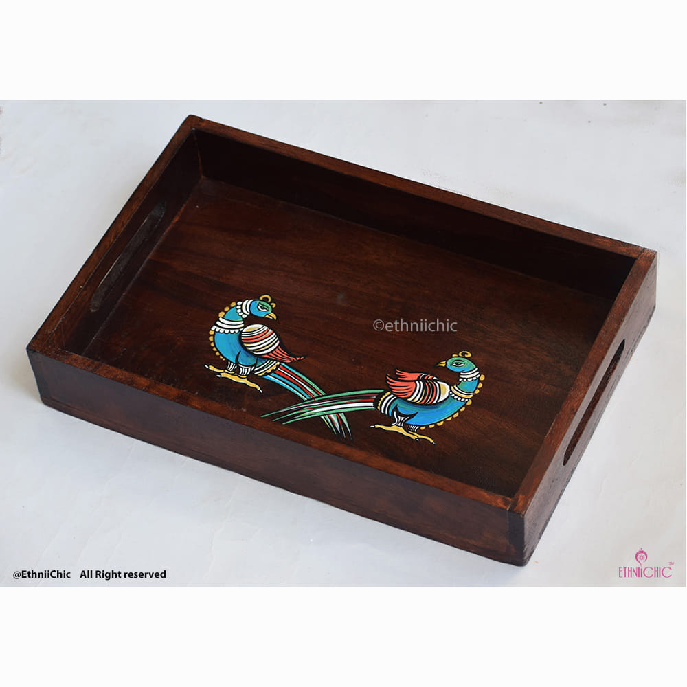 Hand painted Peacocks Solid Wood Serving Tray image 2