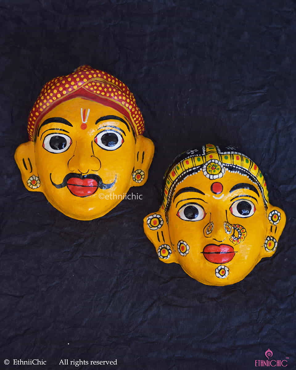 Handmade Yellow Cheriyal Mask - Wall Decor image 0