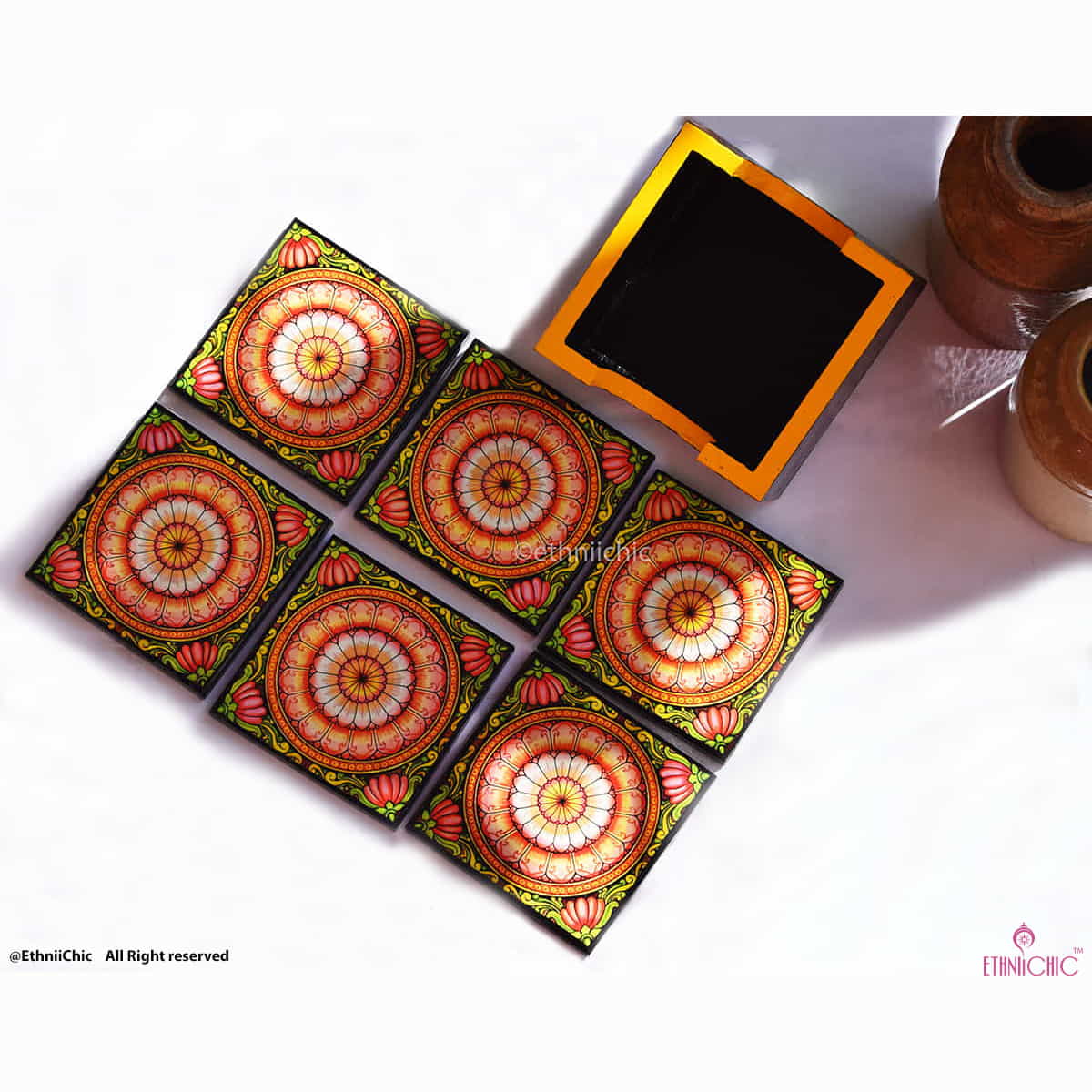 Wooden Tea Coasters - Orange Mandala image 0