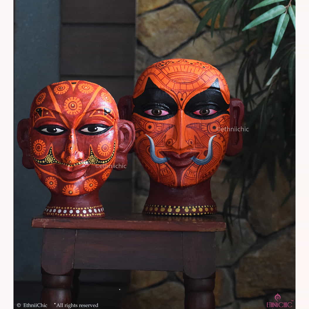 Handpainted Wooden Theyyam Heads Set -10" & 8" image 2