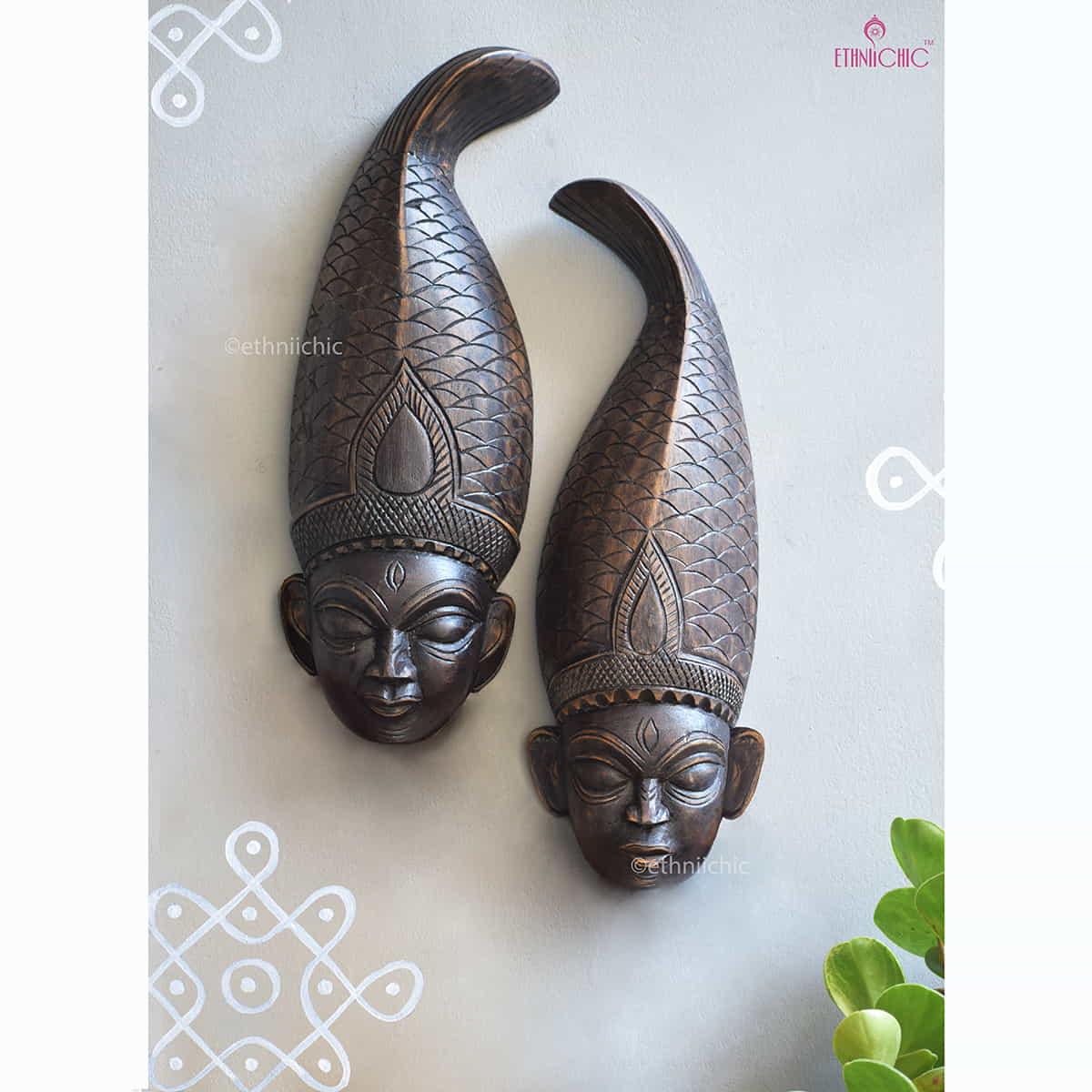 Wooden Hand carved Gambhira Wall Mask Pair with Fish Crown (Set of 2) image 0