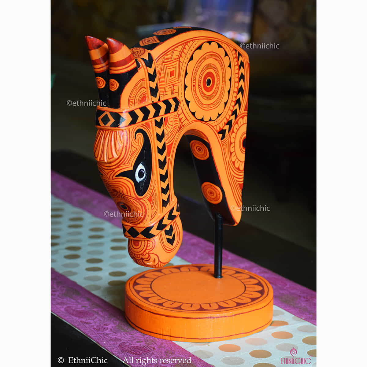 Hand Painted Wooden Horse Head on stand - Theyyam Design image 1