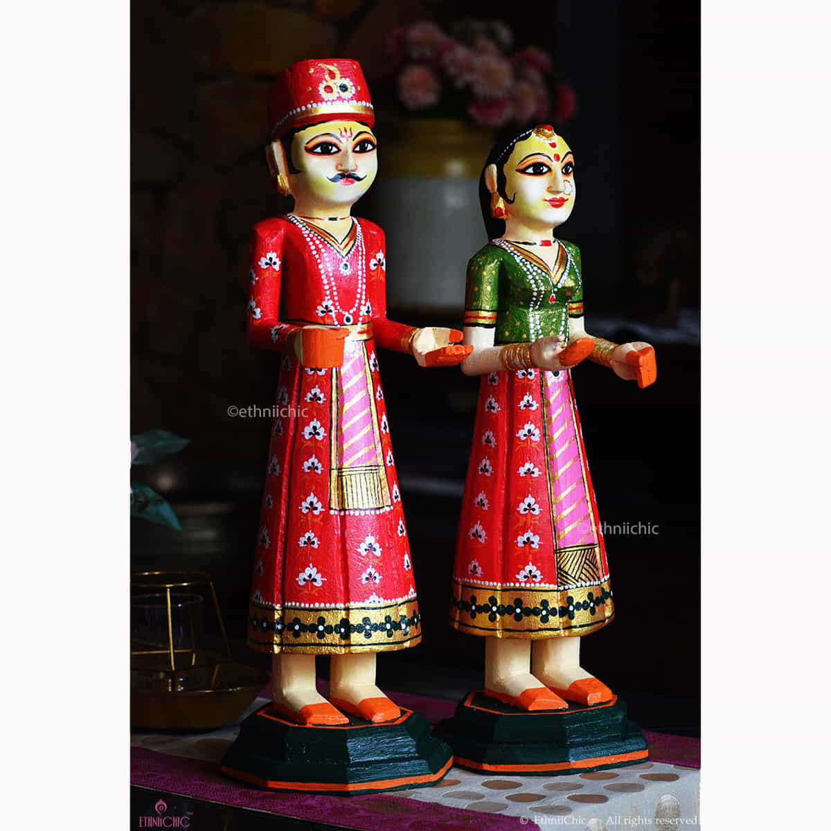 Wooden Gangaur Dolls 18" - Red and Green image 0