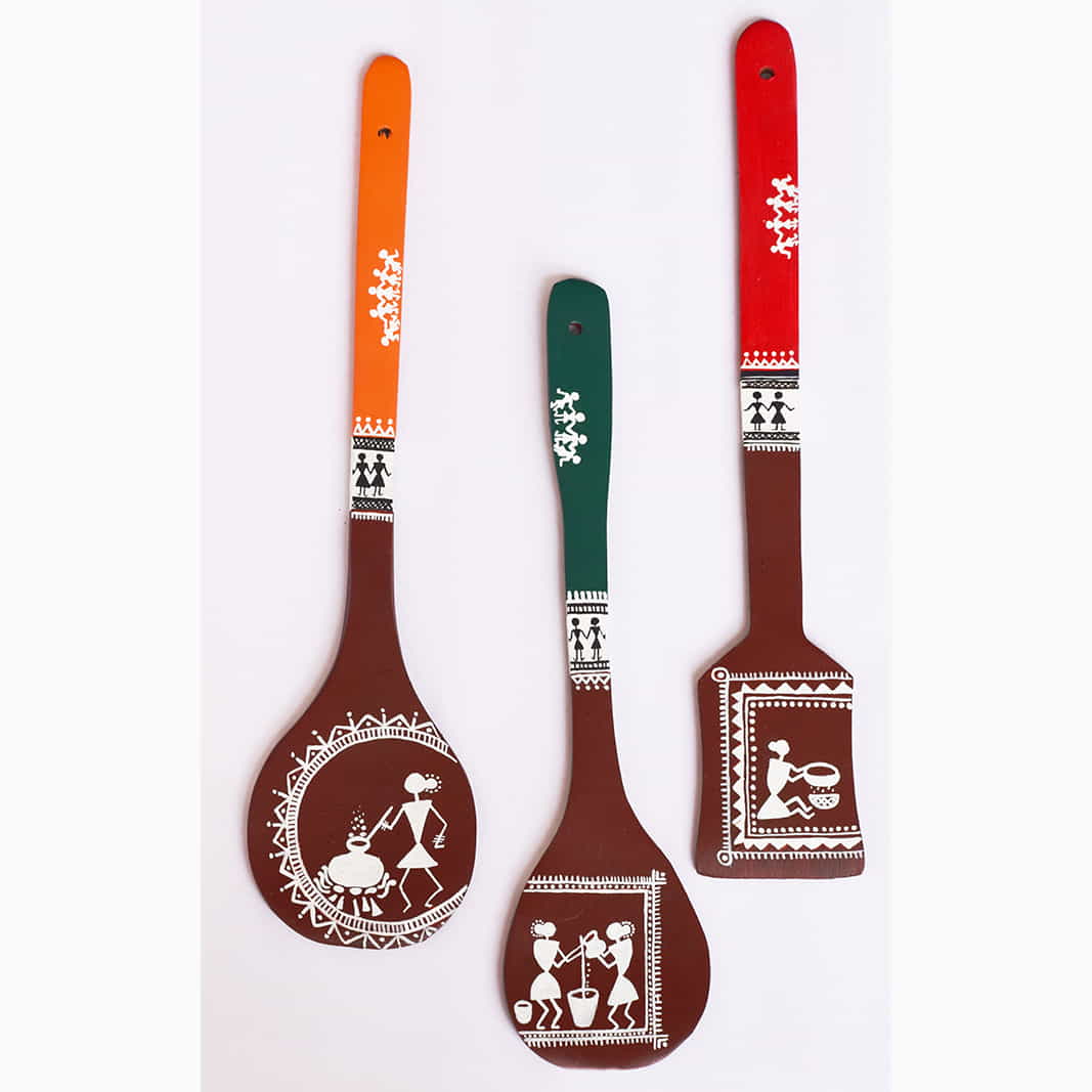 Hand painted Spatula Warli Wall Decor- Set of 3 image 1