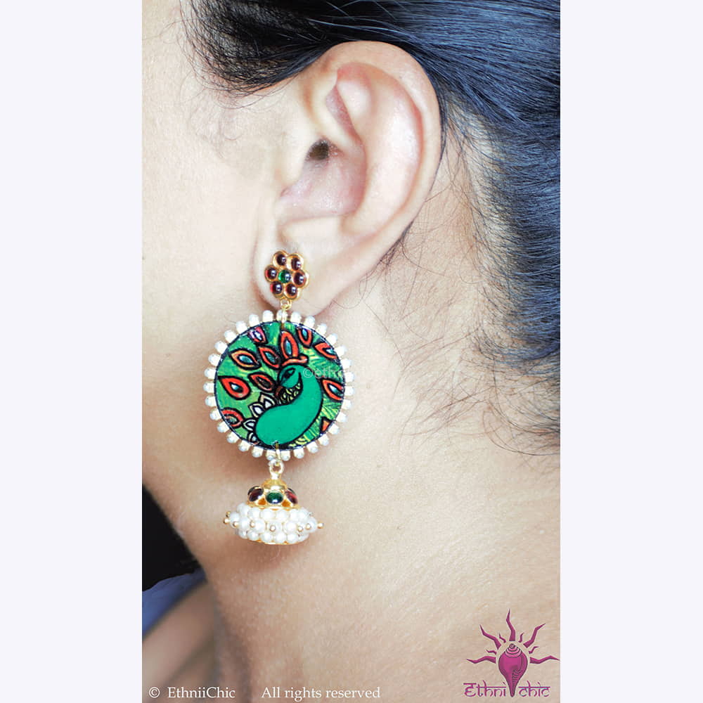 Hand-painted peacock Earring image 1