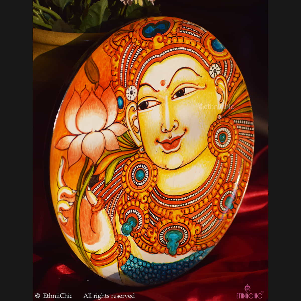 Handpainted Wooden Apsara Kerala Mural Wall Plate - 10" image 1