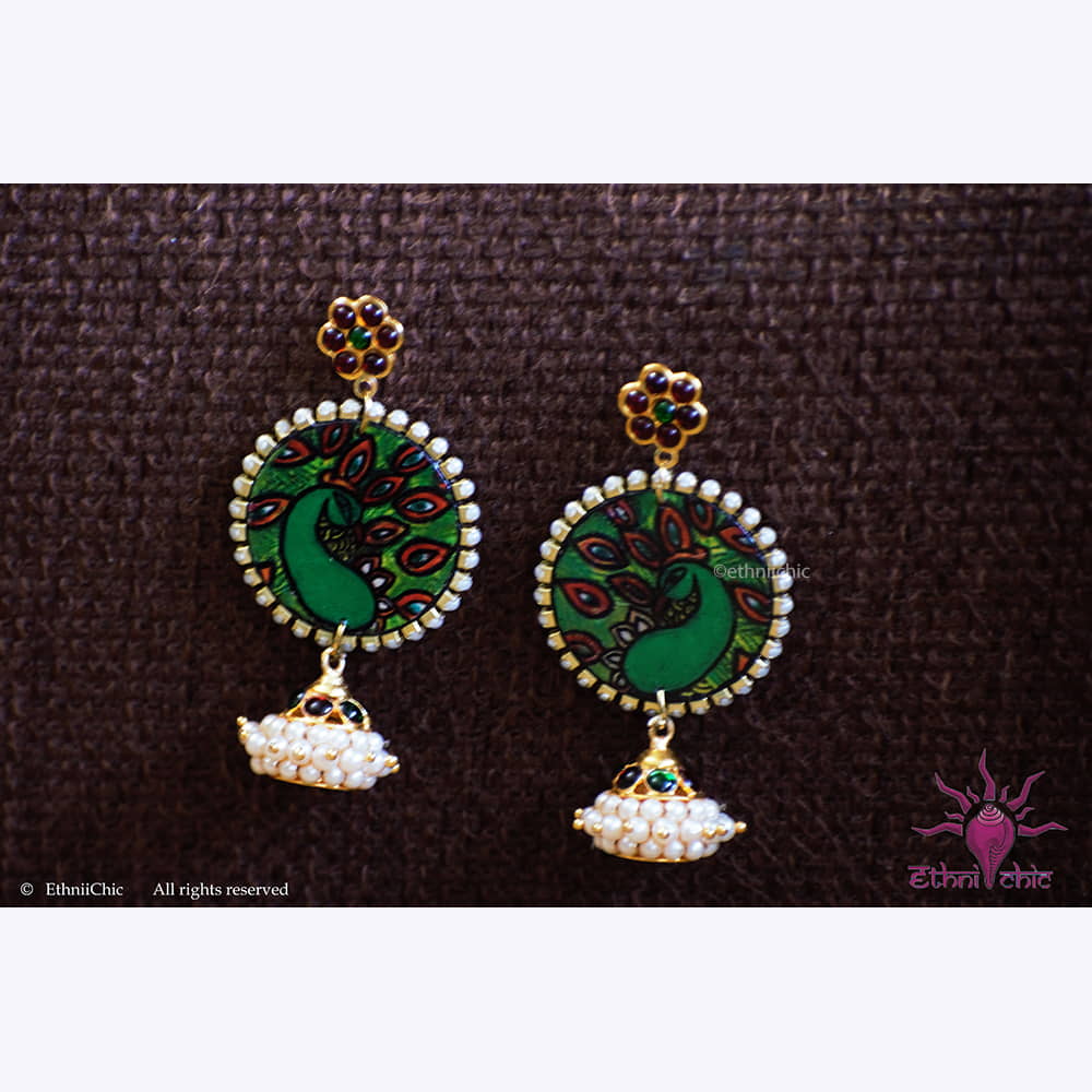 Hand-painted peacock Earring image 0