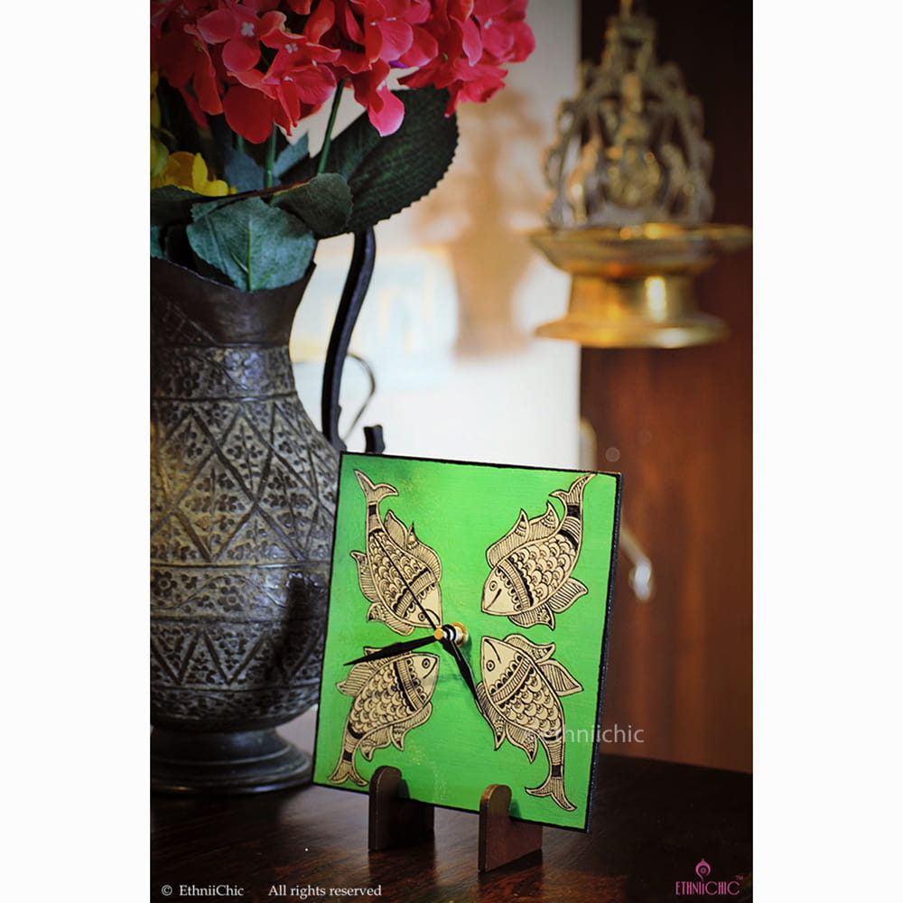 Hand painted Madhubani Fish Table Clock 1 image 0