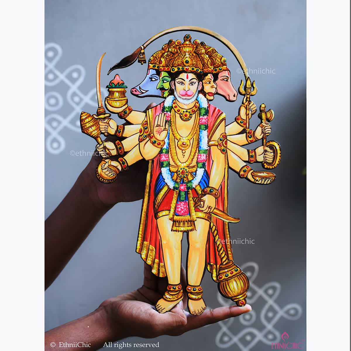 Wooden Cut-out of Hand Painted Panchamukhi Hanuman image 0