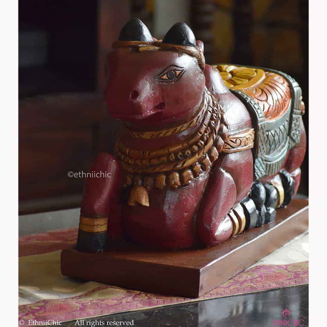 Wooden Hand painted Maroon Nandi - 17 " image 2