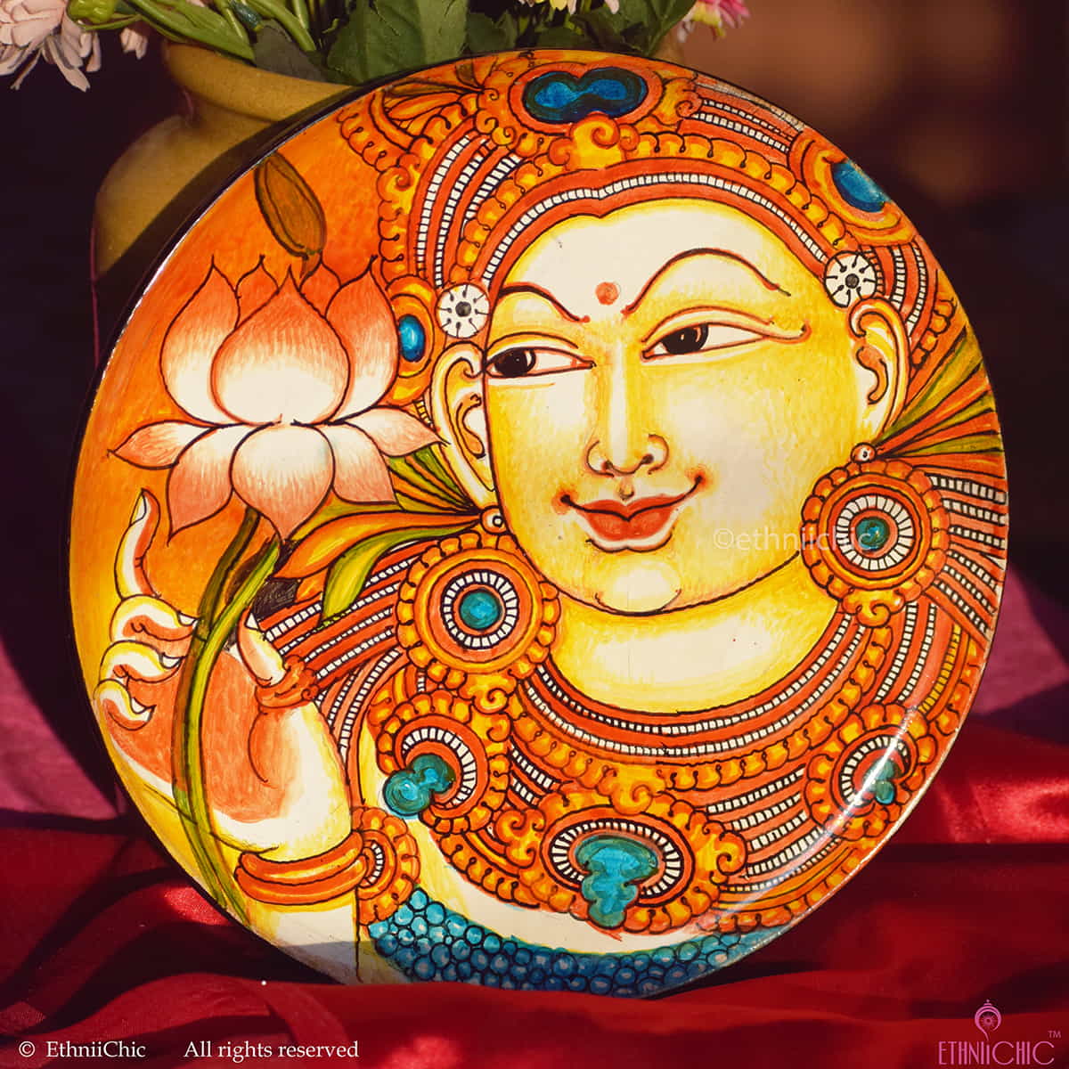 Handpainted Wooden Apsara Kerala Mural Wall Plate - 10" image 2