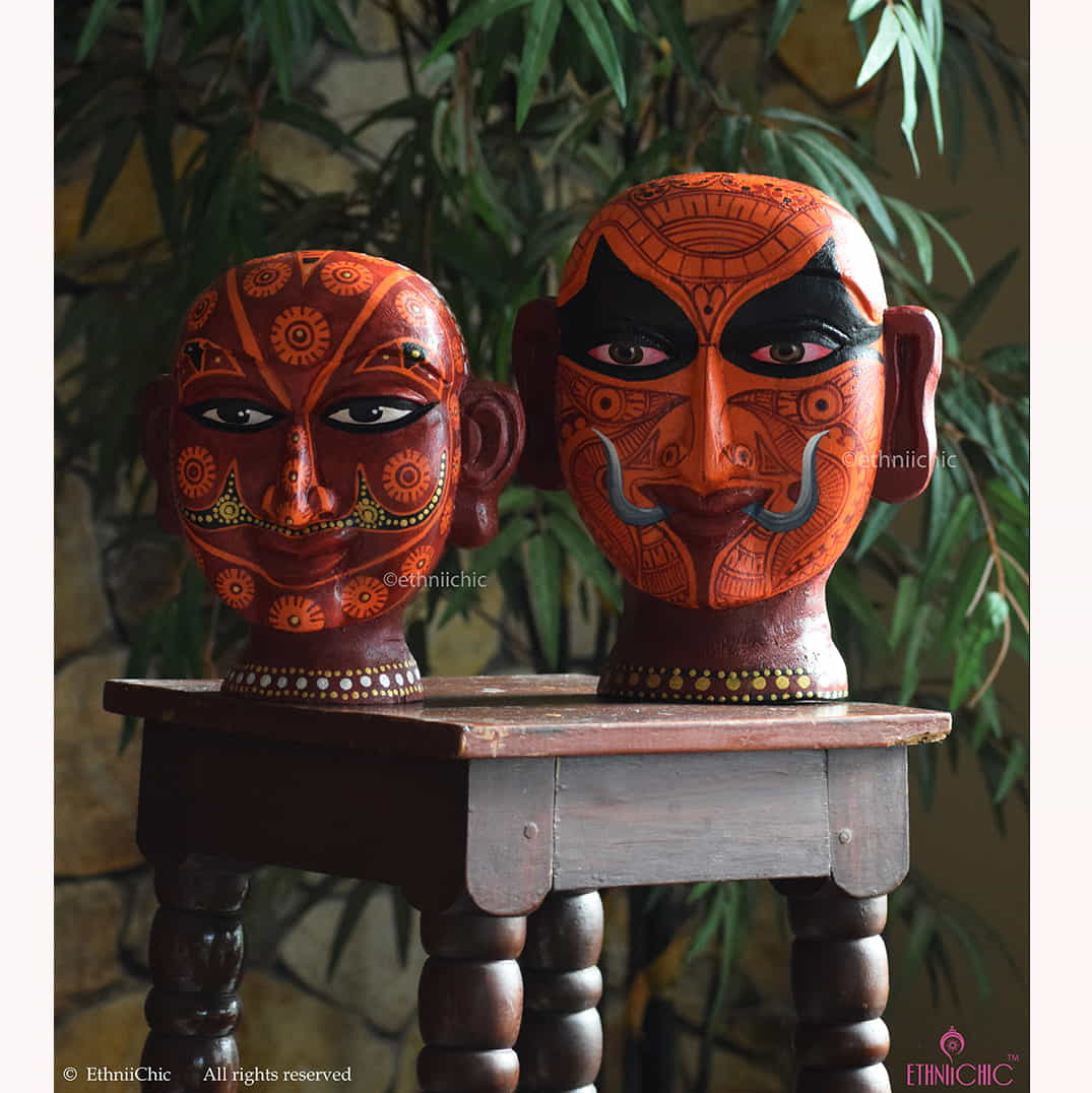 Handpainted Wooden Theyyam Heads Set -10" & 8" image 1