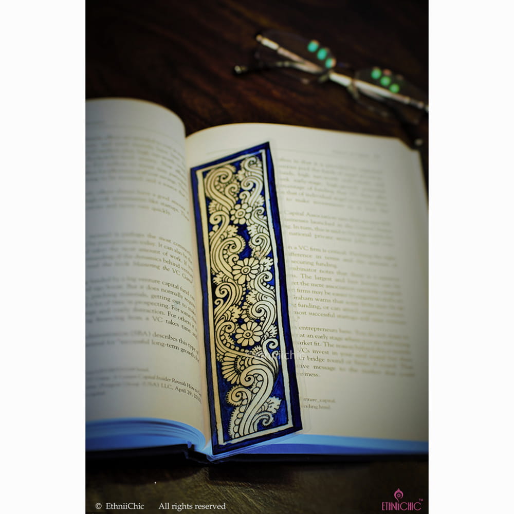 Hand painted Tholu Bommalatha Blue Floral Book mark 1 image 0